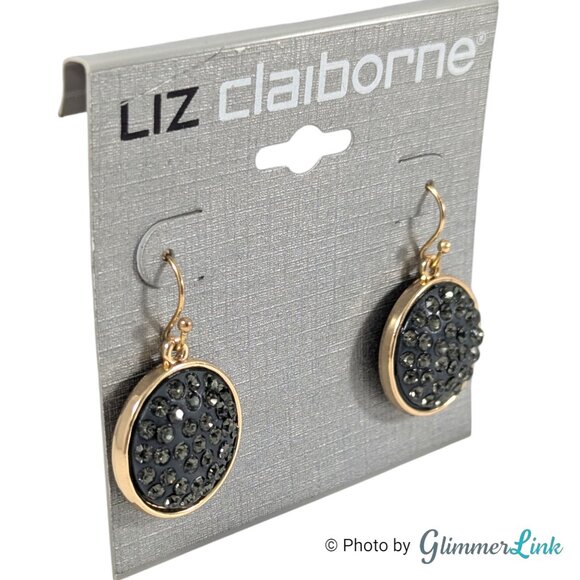 Liz Claiborne Gold Tone Drop Earrings Smokey Gray Rhinestone Circle Dangle NWT - Picture 2 of 8